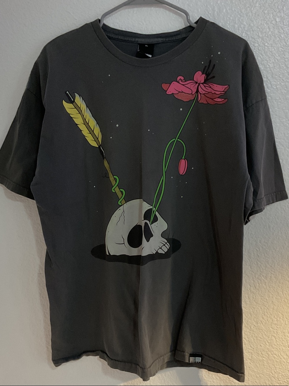 Charcoal Graphic Short Sleeve Tee with Pink Flower & Skull